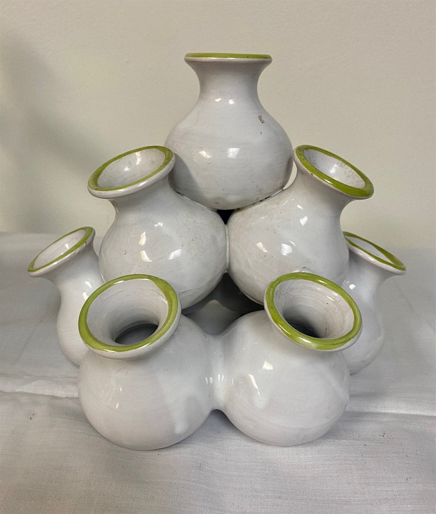 10 Cluster Pottery Bud Vase Sculpture Italy Marked White w Chartreuse Accents