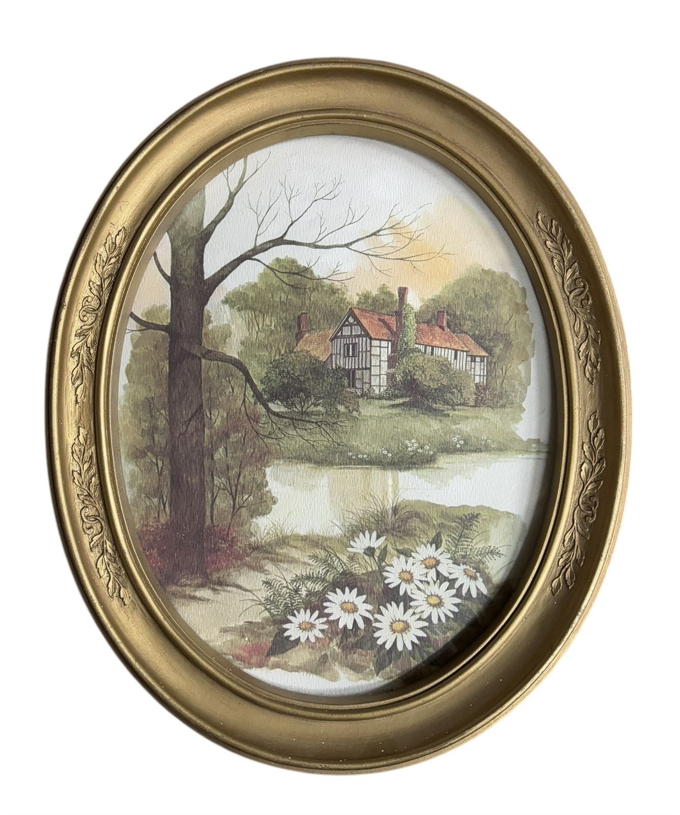 Cottage Framed Picture Antique Homco Home Interiors Vintage Oval Golde
