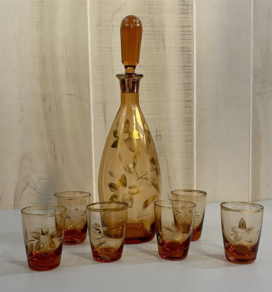 Gold Painted Floral Print Vintage Sake Set w/ 6 Matching Sake Glasses