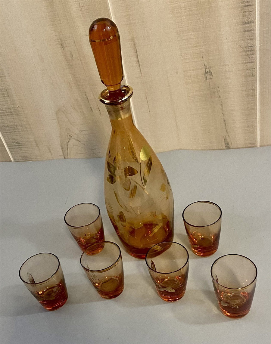 Gold Painted Floral Print Vintage Sake Set w/ 6 Matching Sake Glasses
