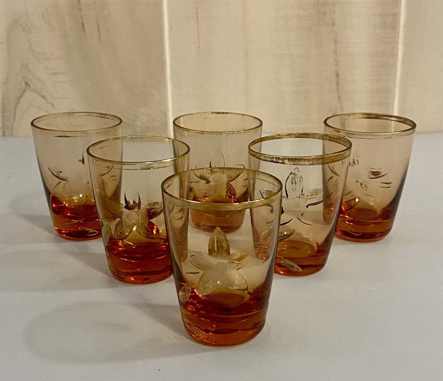 Gold Painted Floral Print Vintage Sake Set w/ 6 Matching Sake Glasses