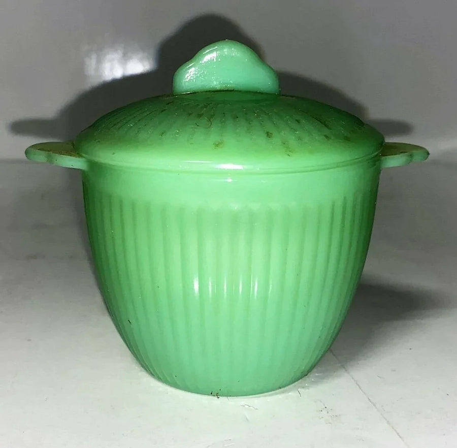 Vintage Fire King Creamer & Sugar w/ Lid Jadeite Jane Ray Anchor Hawking