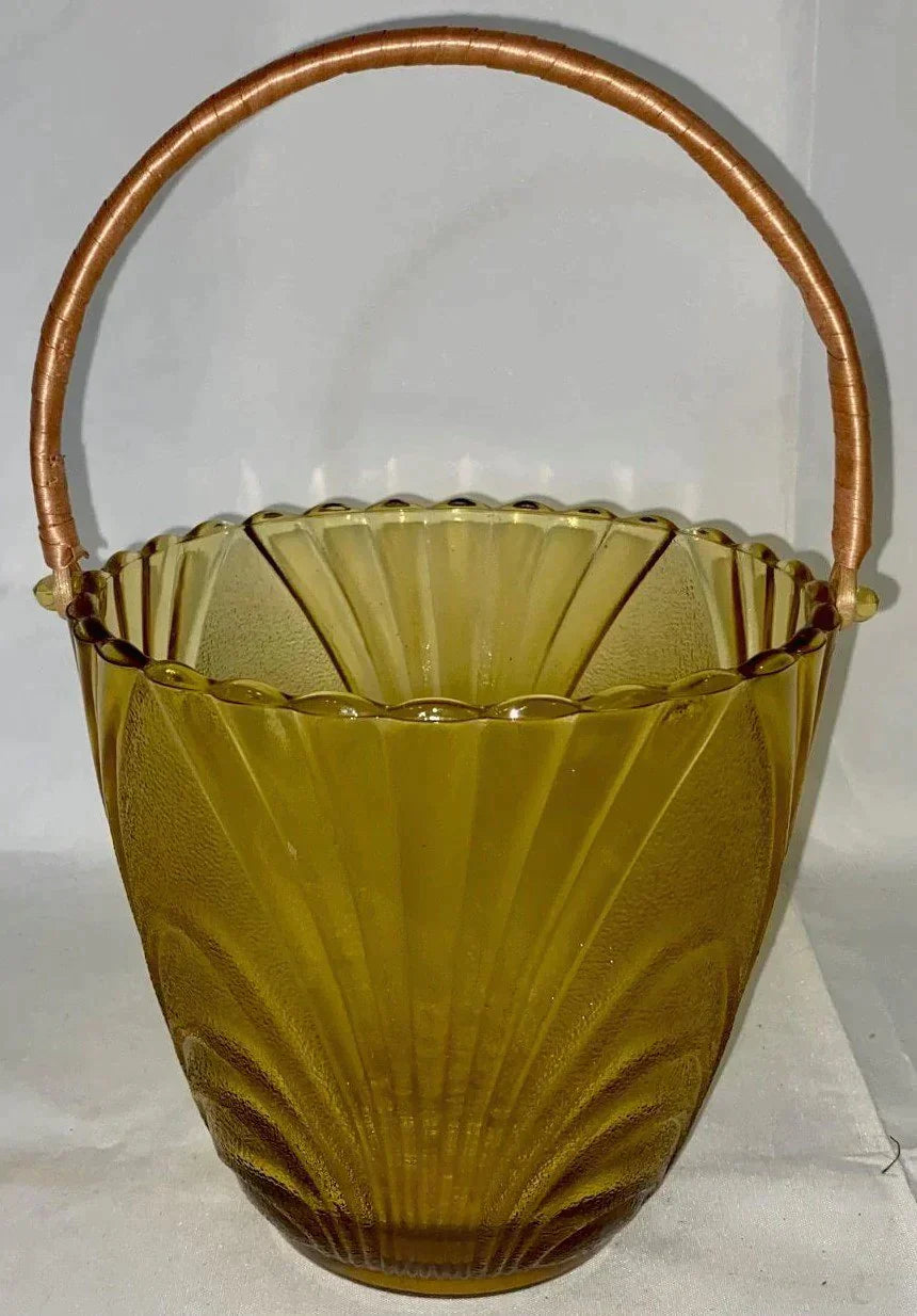 Brockway Retro Glass Amber 1970’s Village Ice Bucket Rattan Handle