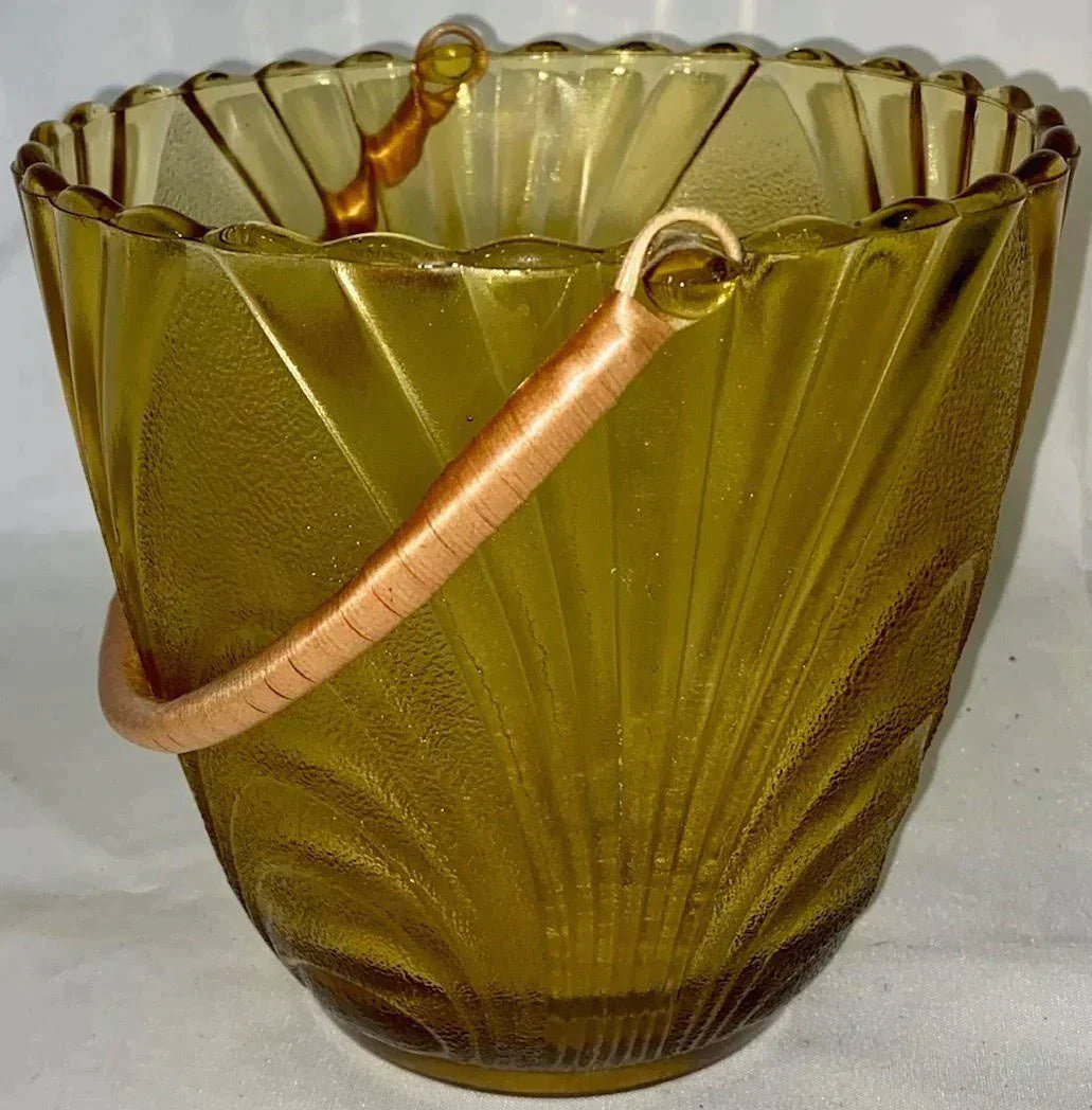 Brockway Retro Glass Amber 1970’s Village Ice Bucket Rattan Handle
