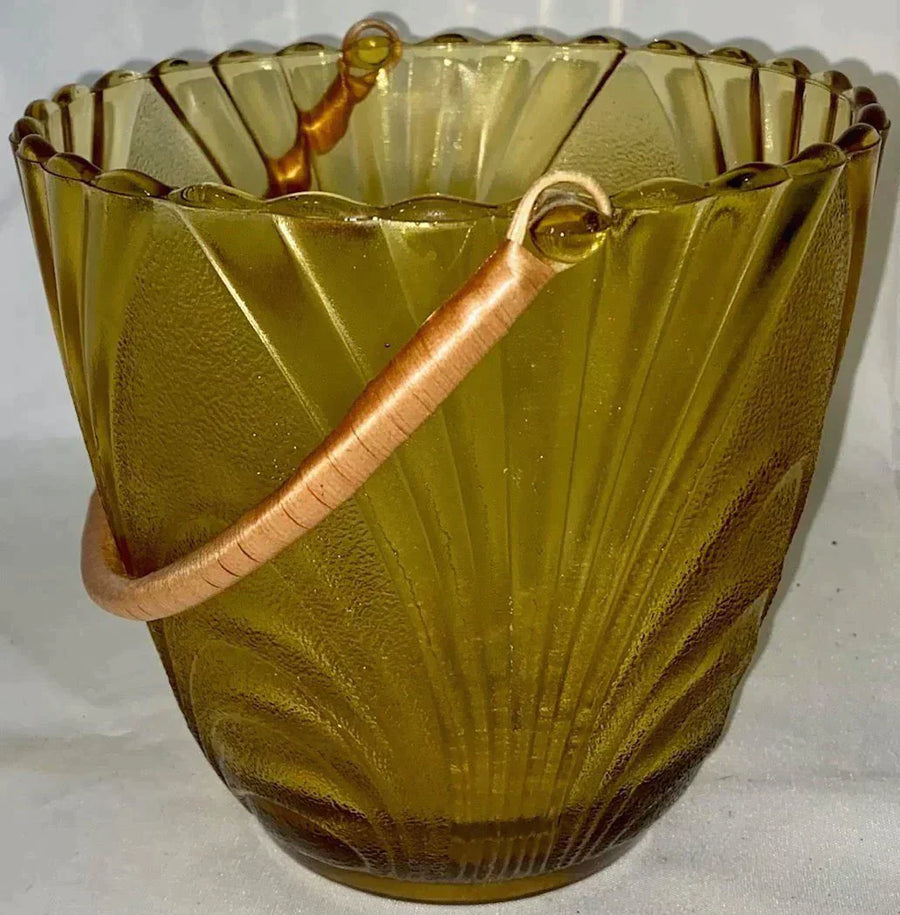 Brockway Retro Glass Amber 1970’s Village Ice Bucket Rattan Handle