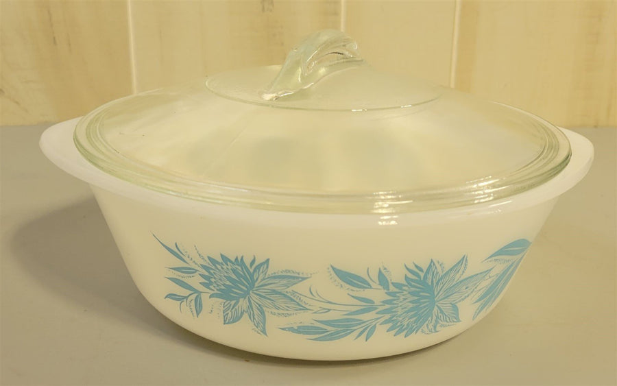 GlasBake Milk Glass Blue Thistle Pattern Casserole With Lid