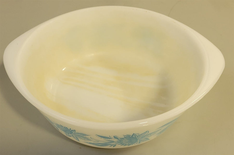 GlasBake Milk Glass Blue Thistle Pattern Casserole With Lid