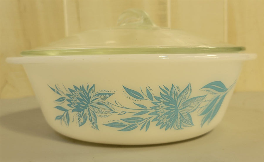 GlasBake Milk Glass Blue Thistle Pattern Casserole With Lid