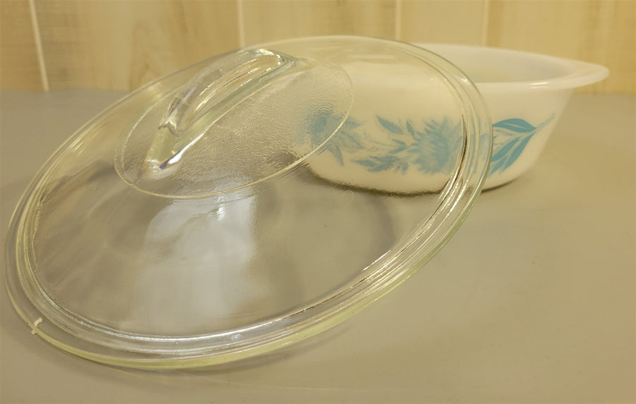 GlasBake Milk Glass Blue Thistle Pattern Casserole With Lid