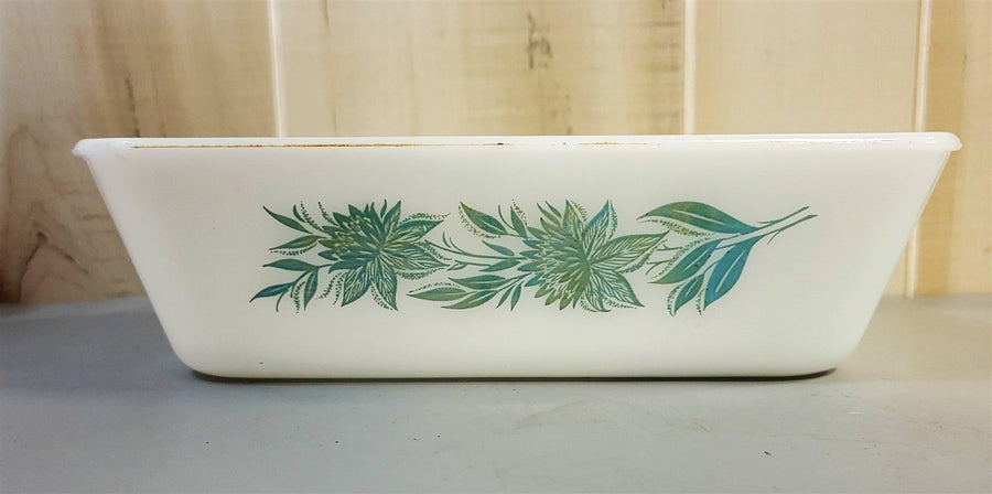 Vintage Glas Bake Milk Glass Blue Thistle Pattern Loaf Pan