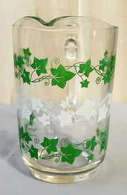 Vintage MCM Hazel Atlas Glass Pitcher With Green Ivy Design Antique