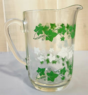 Vintage MCM Hazel Atlas Glass Pitcher With Green Ivy Design Antique