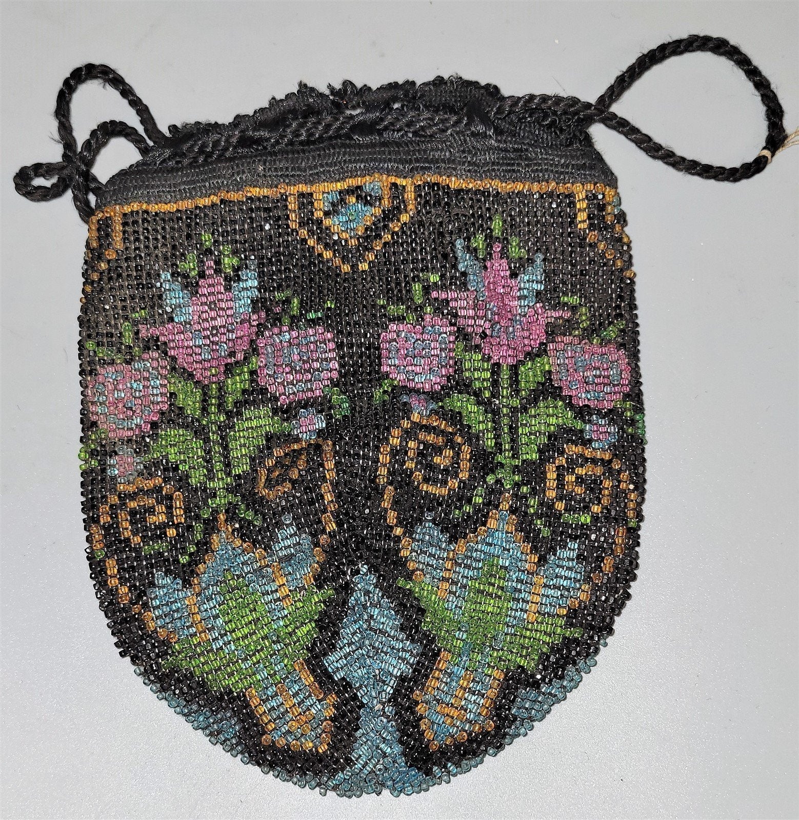 Vintage German Made Glass Handbeaded Dangle Flapper Drawstring Purse Handbag