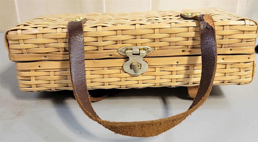 Vintage Wicker Basket Weave Handbag Purse Tote With Feet Leather Trim and Strap
