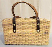 Vintage Wicker Basket Weave Handbag Purse Tote With Feet Leather Trim and Strap