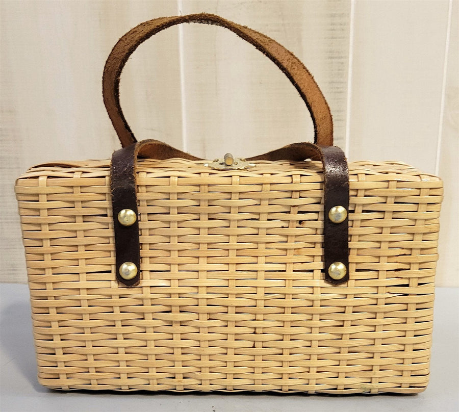 Vintage Wicker Basket Weave Handbag Purse Tote With Feet Leather Trim and Strap