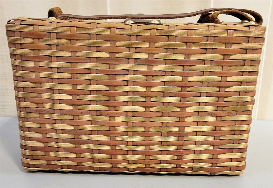 1960s Wicker Basket Weave Handbag Purse Tote With Feet Leather Trim and Strap