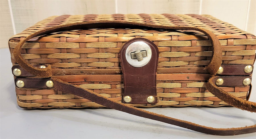 1960s Wicker Basket Weave Handbag Purse Tote With Feet Leather Trim and Strap