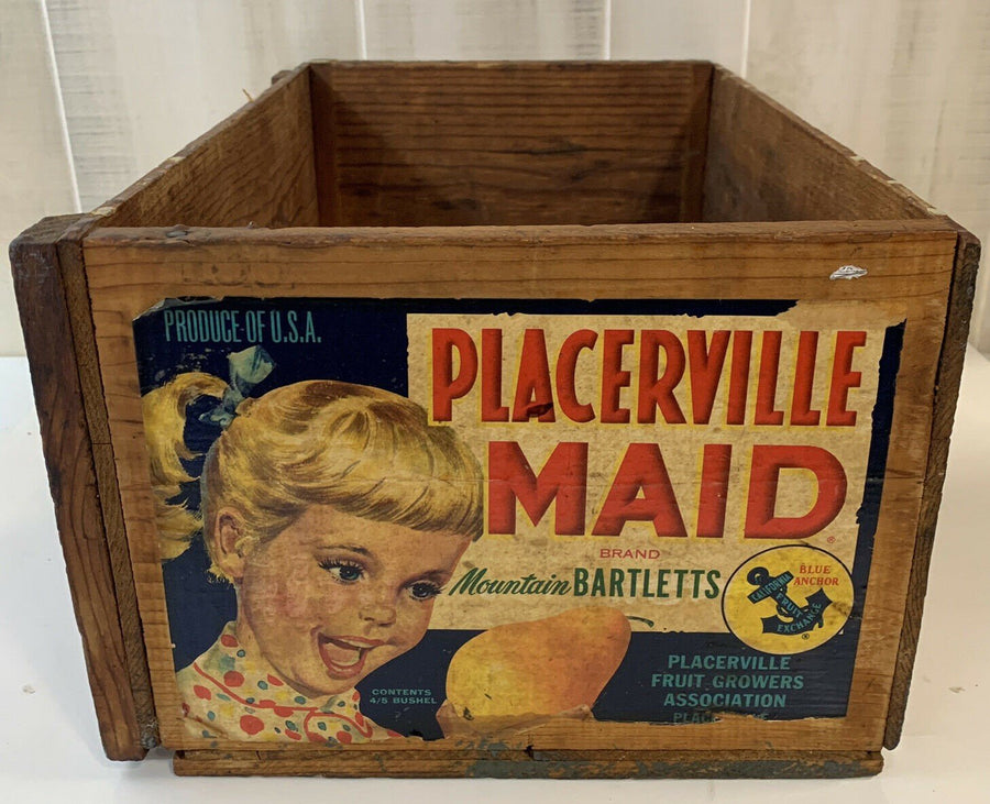 Antique 1925 Placerville Maid Mountain Bartletts Pear Box, Fruit Art, Wood Crate