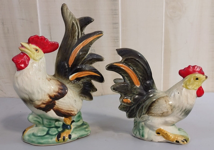 Vintage Antique Ceramic Rooster Figurine Japanese Made 8" And 6" 2 Pieces