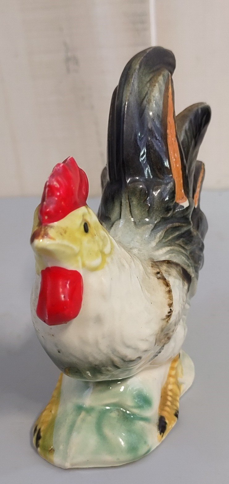 Vintage Antique Ceramic Rooster Figurine Japanese Made 8" And 6" 2 Pieces