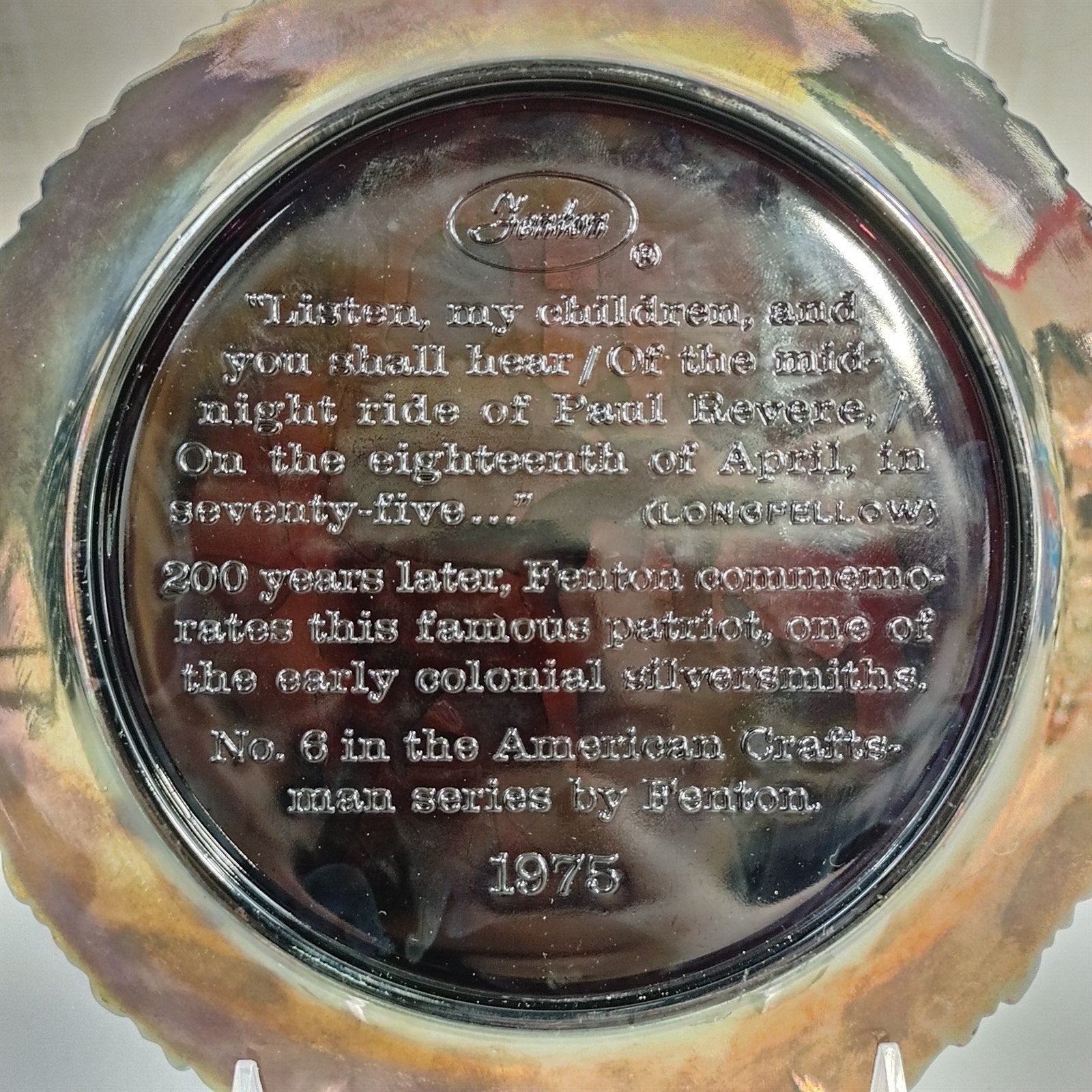 Vintage 1975 American Craftsman Series Fenton Carnival Glass Paul Revere Plate