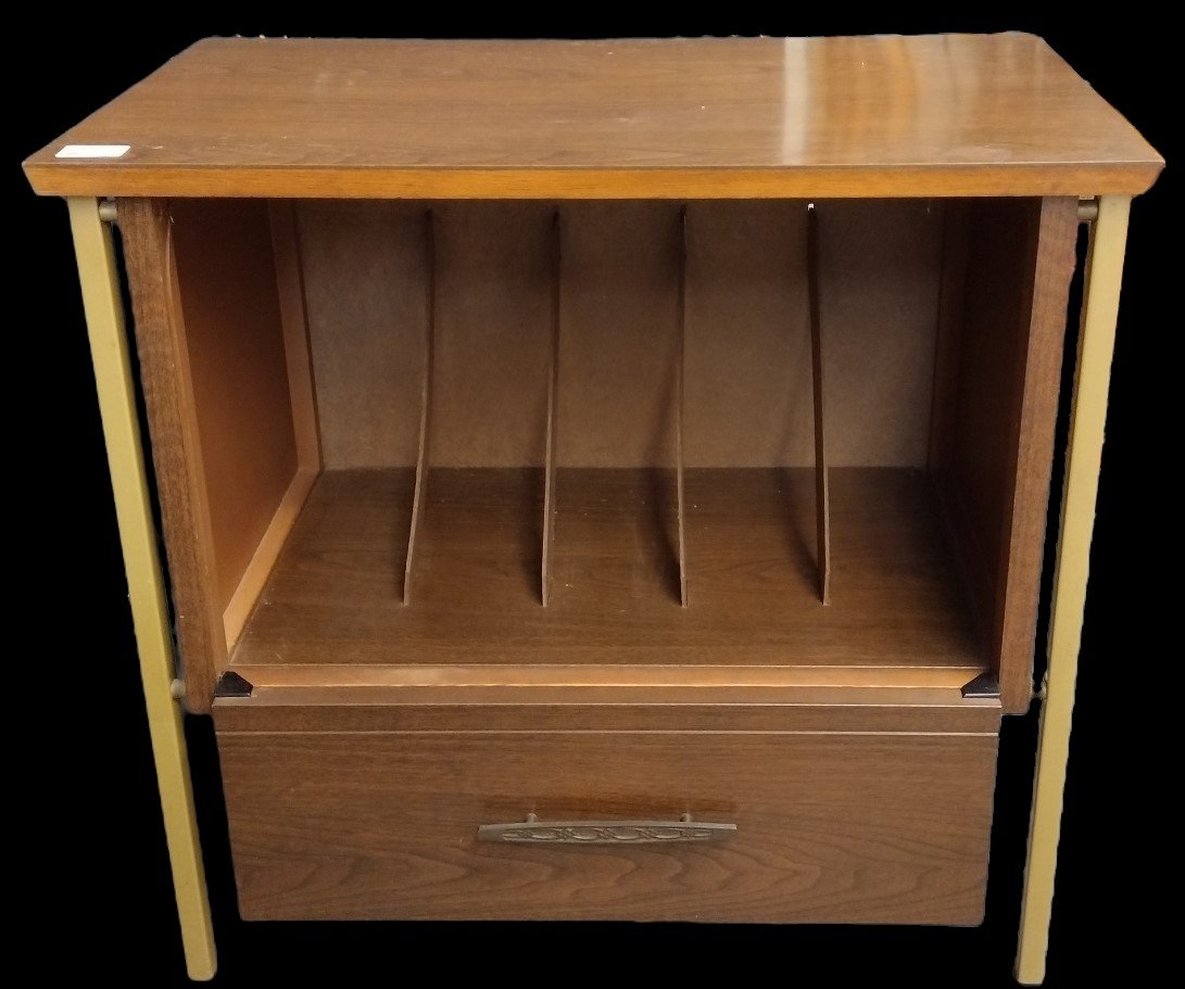 Vintage Lu Van Inc Mid Century Style Record Storage Bi-Fold Door Cabinet Table