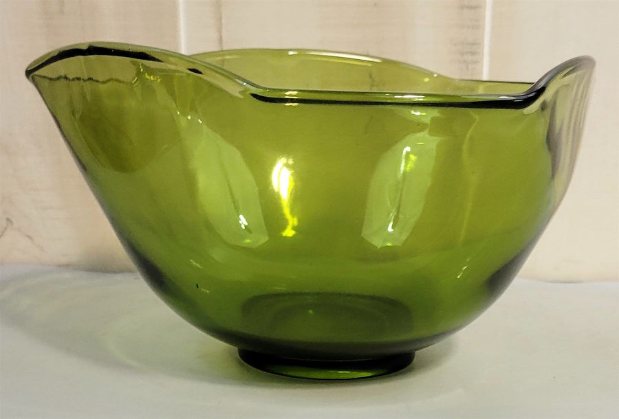 Vintage Mid Century Anchor Hocking Olive Green Scalloped Wavy Edge Fruit Bowl