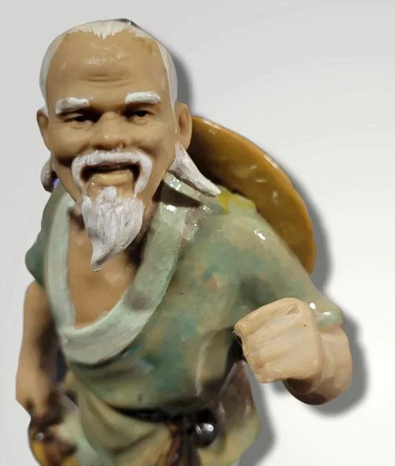 Vintage Shiwan Mud-man Glazed Clay Chinese Statue Of Fisherman