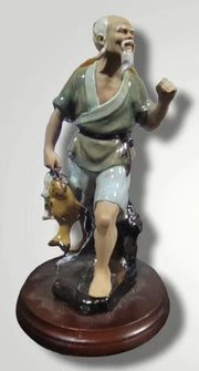 Vintage Shiwan Mud-man Glazed Clay Chinese Statue Of Fisherman