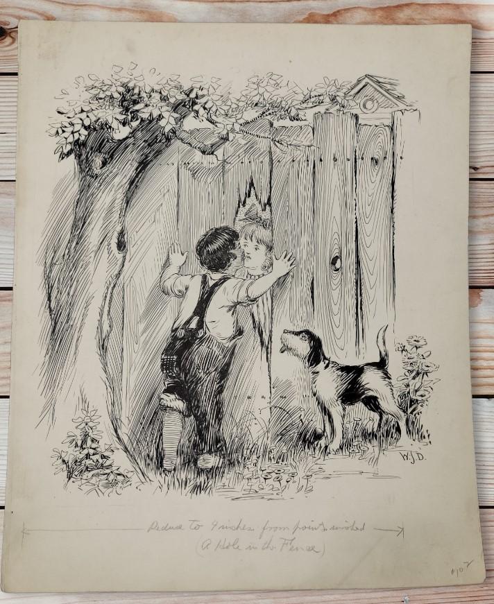 Antique 1924 Watercolor Or Ink Wash On Art Board Children In Nature Original