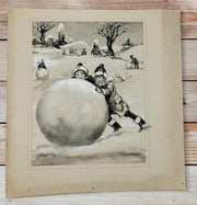 Antique 1924 Watercolor Or Ink Wash On Art Board Children Making Large Snowball