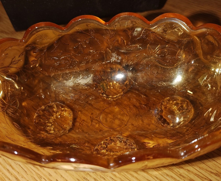 Vintage Jeanette Floragold Iridescent Amber Carnival Glass Footed Candy Bowl