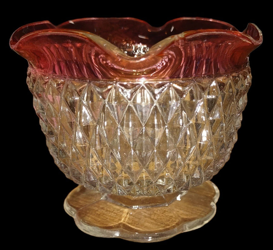 Vintage Indiana Diamond Point Ruby Red Flashed Glass Scalloped Mayonnaise Bowl