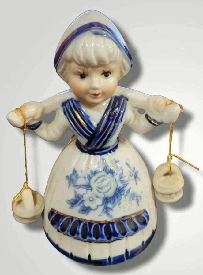 Vintage Dutch Girl Milk Maid Blue And White Porcelain Bell With Pails