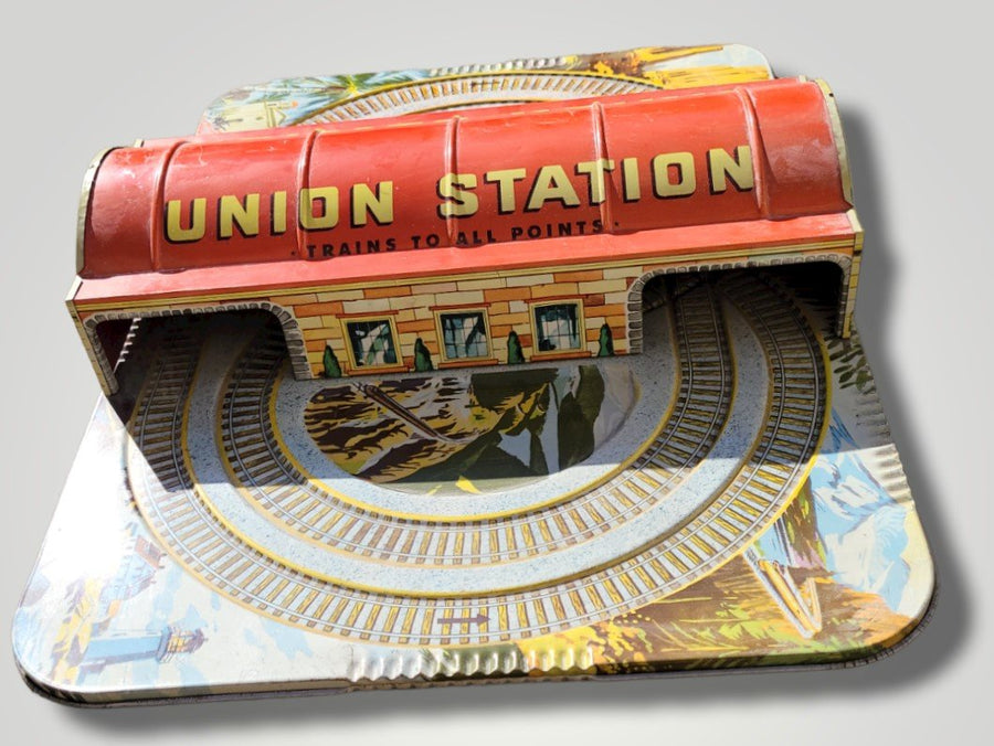 Vintage Antique Litho Tin Building Only Union Station By Automatic Toy Company