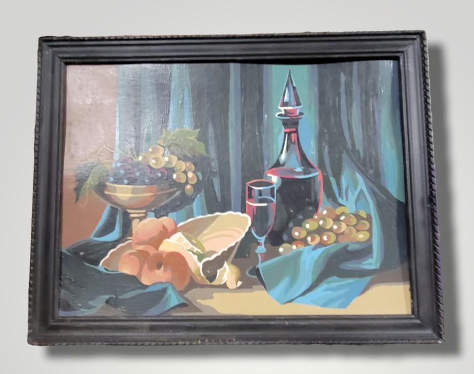 Vintage Mid Century Acrylic Paint By Number Painting Still Life Wine and Fruit