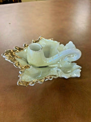 Vintage Leaf Shaped White and Gold Trimmed Candle Holder Tray