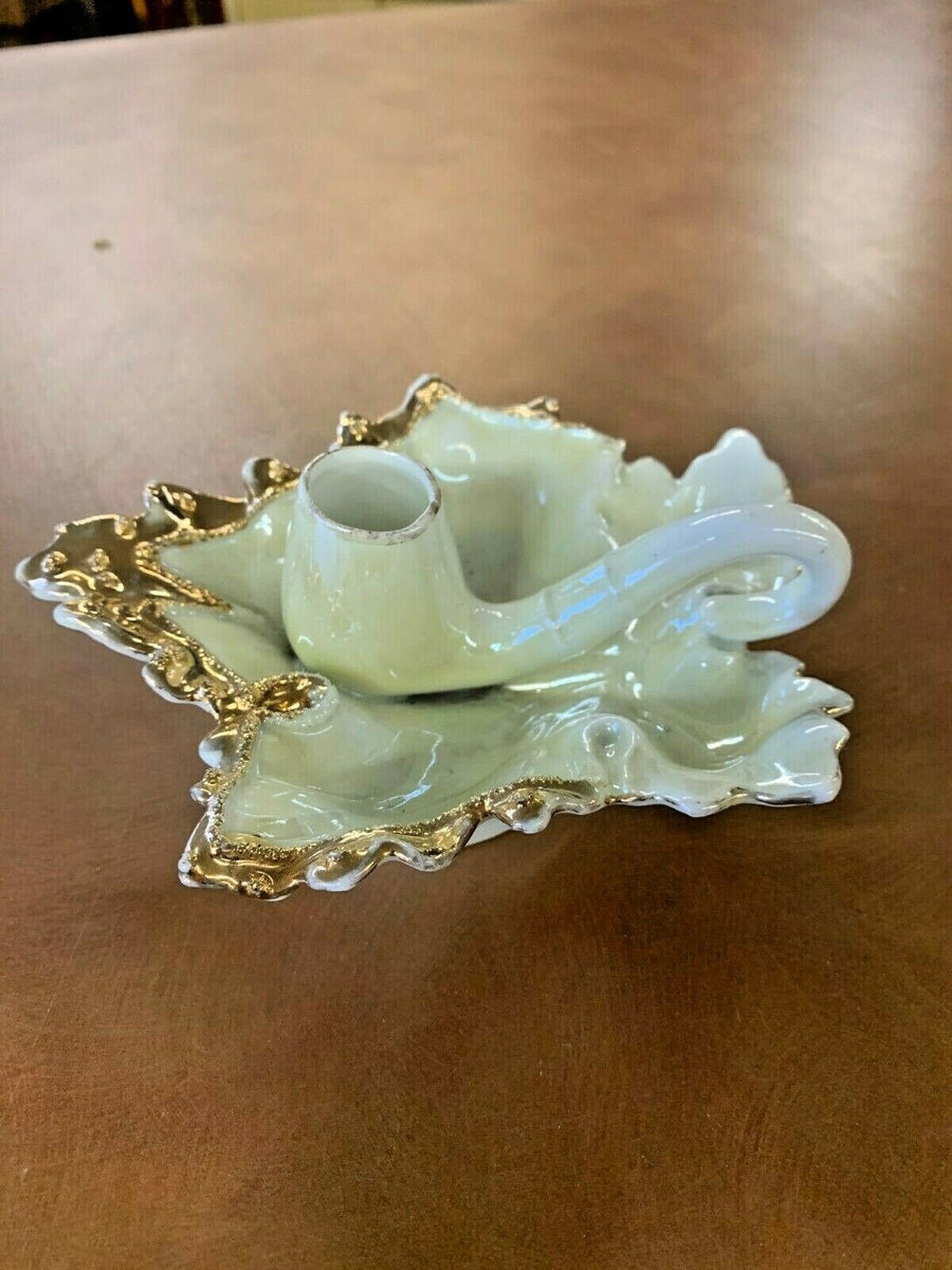 Vintage Leaf Shaped White and Gold Trimmed Candle Holder Tray
