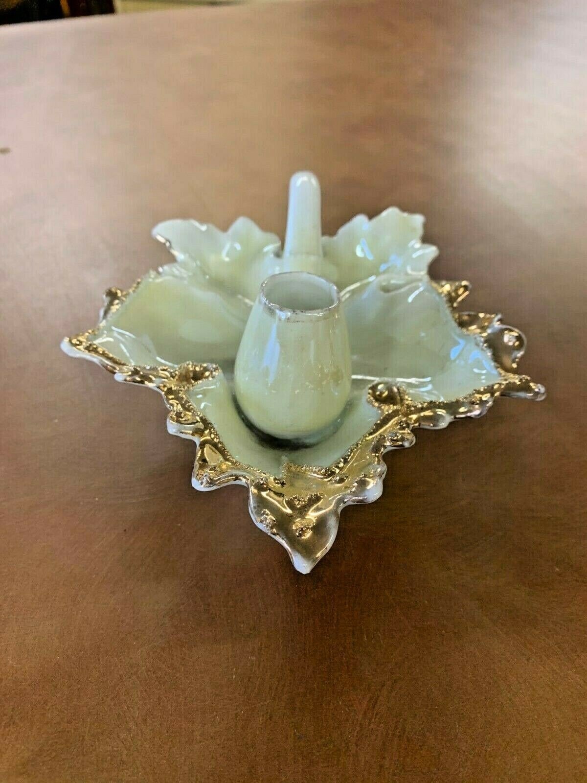Vintage Leaf Shaped White and Gold Trimmed Candle Holder Tray