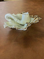 Vintage Leaf Shaped White and Gold Trimmed Candle Holder Tray