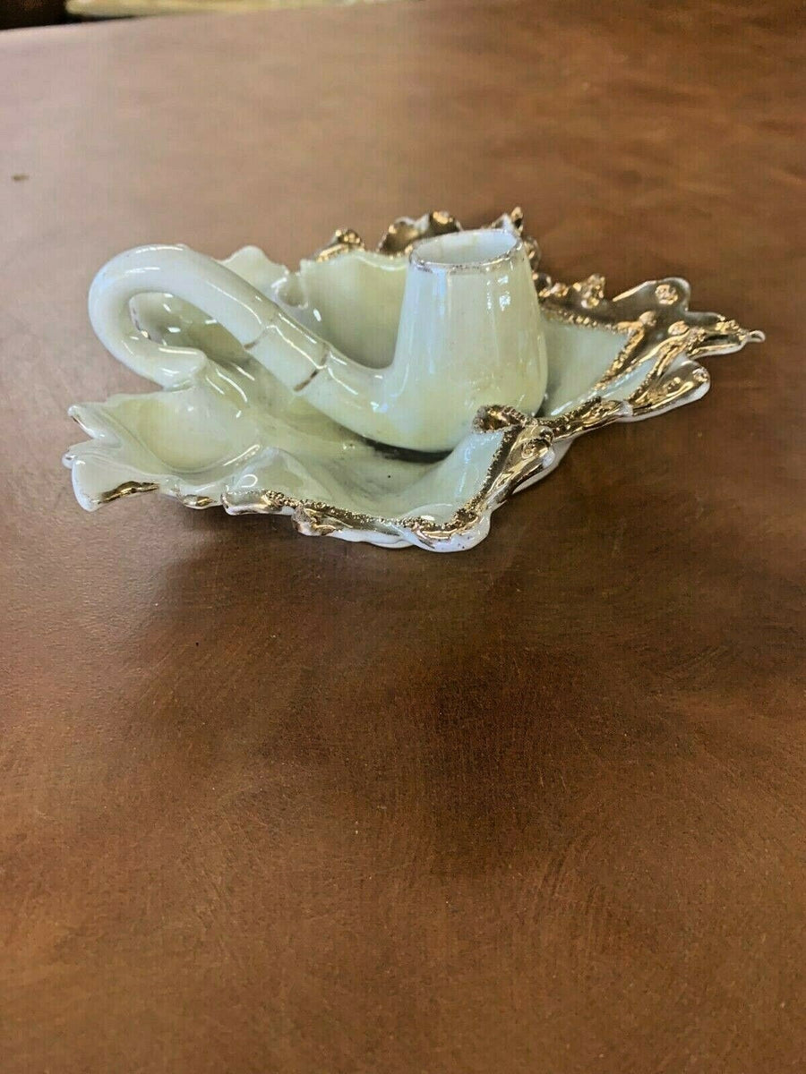 Vintage Leaf Shaped White and Gold Trimmed Candle Holder Tray