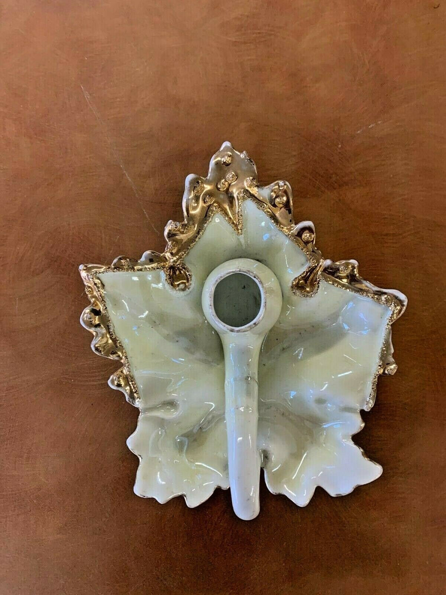Vintage Leaf Shaped White and Gold Trimmed Candle Holder Tray