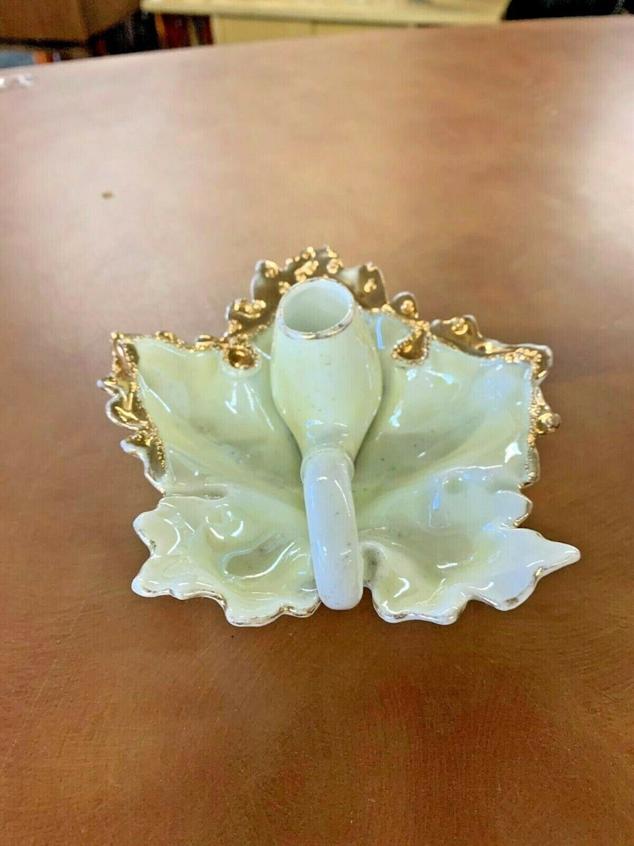 Vintage Leaf Shaped White and Gold Trimmed Candle Holder Tray