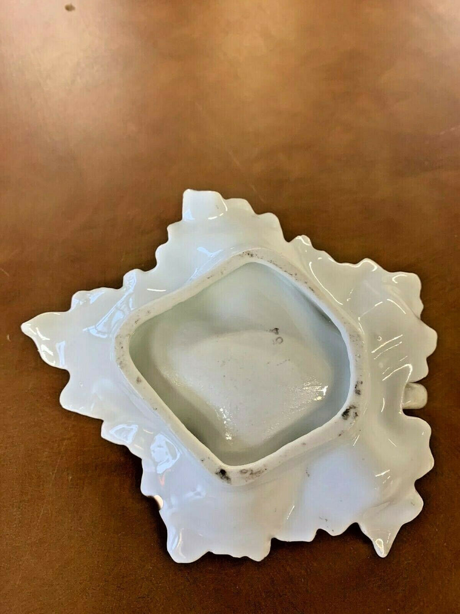 Vintage Leaf Shaped White and Gold Trimmed Candle Holder Tray