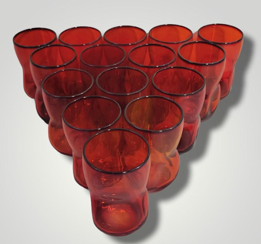 Vintage Mid Century Ruby Red Dimpled Juice Glasses Small Tumblers --15