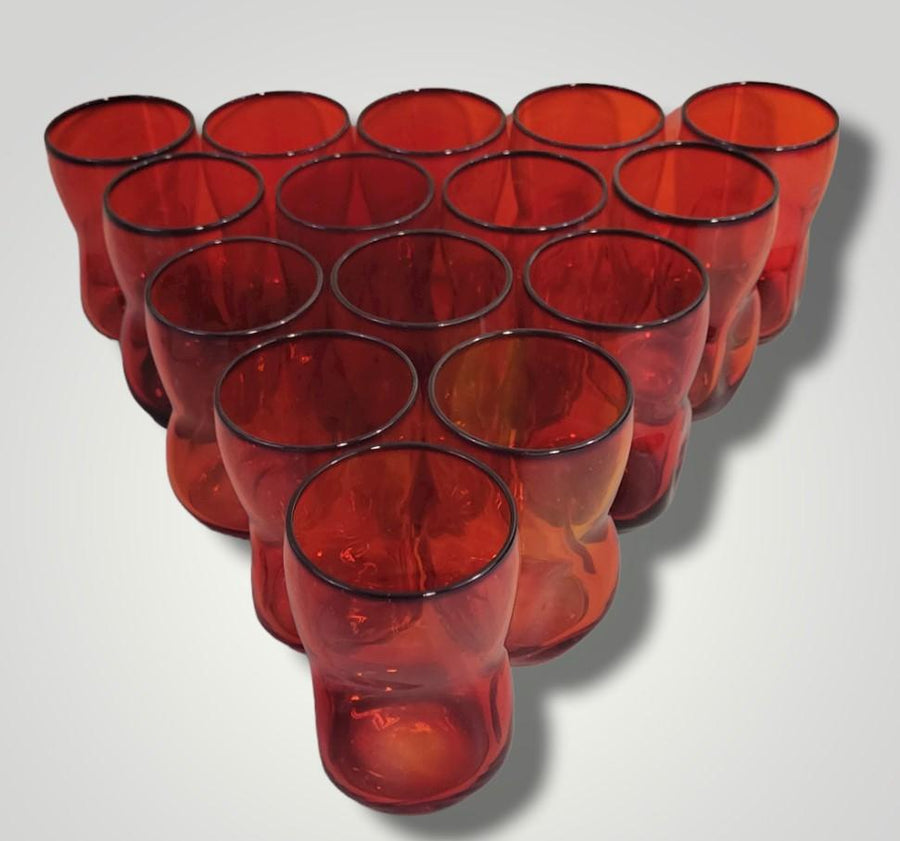 Vintage Mid Century Ruby Red Dimpled Juice Glasses Small Tumblers --15