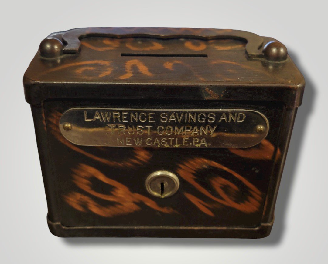 Copper Plated Suitcase Style Coin Bank 1940s New Castle Pennsylvania