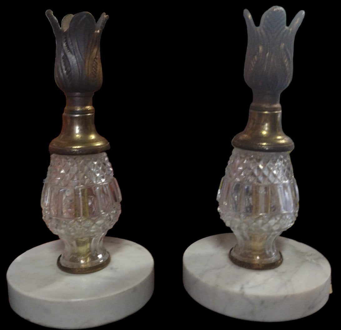 Vintage 1950s Decorated Glassware Set Candy Holder Centerpiece & Candle Holders