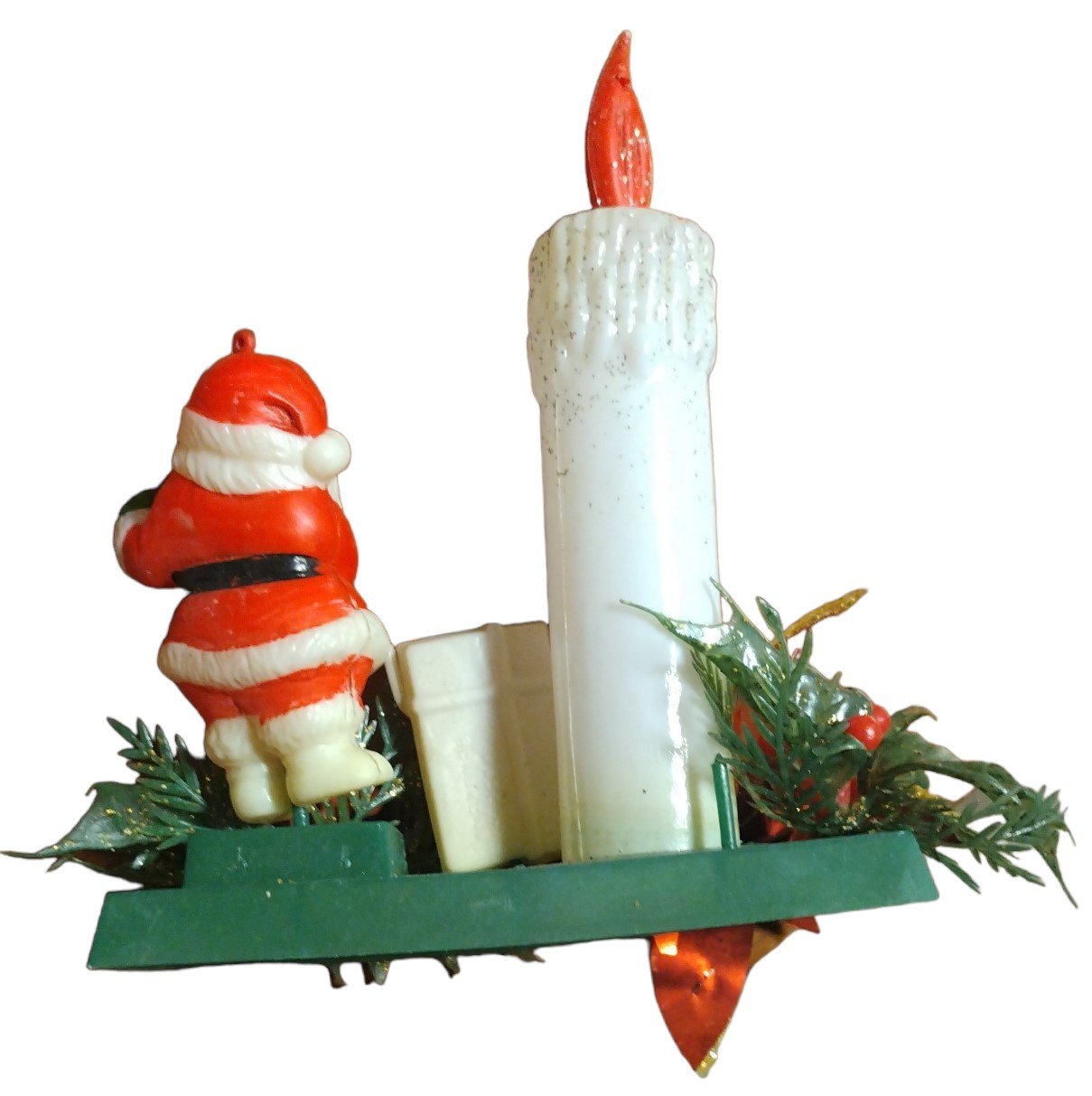 Vintage Glittering Santa, Candle, & Holly Christmas Decoration Ornament